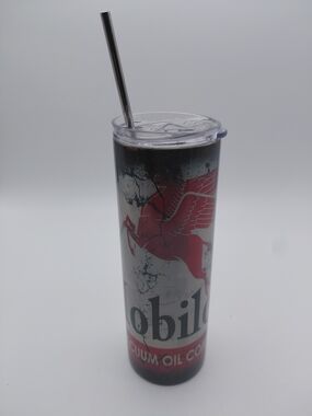 Mobil Oil Red Pegasus Stainless Steel Tumbler - Red, Black, Silver 20oz W/ Straw